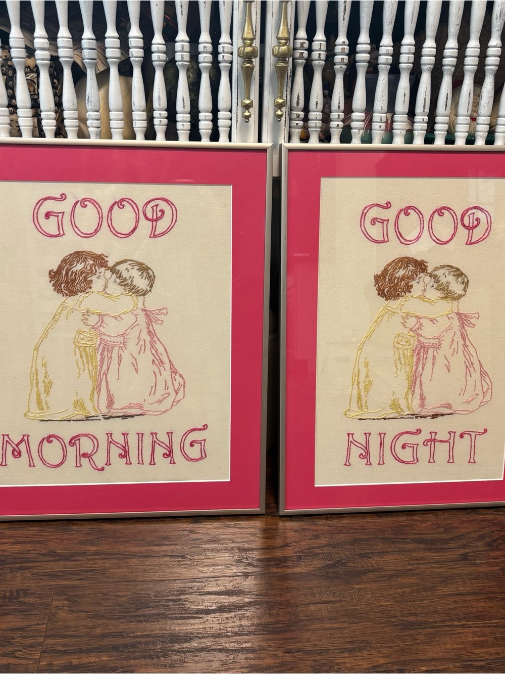 Vtg Good Morning/Good Night Embroidered Wall Art Framed Nursery Decor Cottage